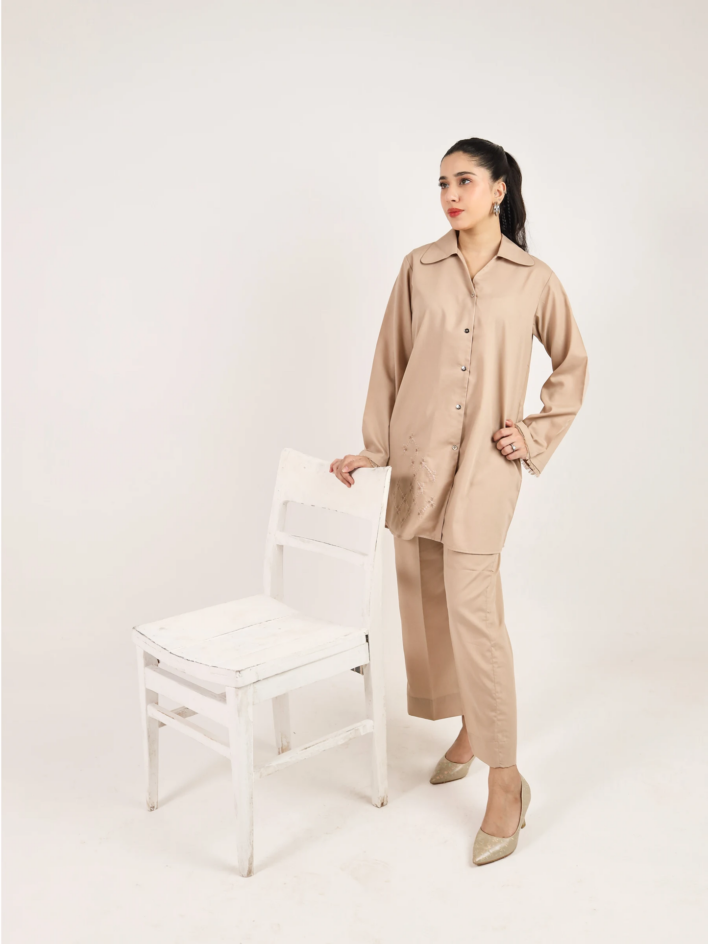 Beige Embroidered Co-Ord Set