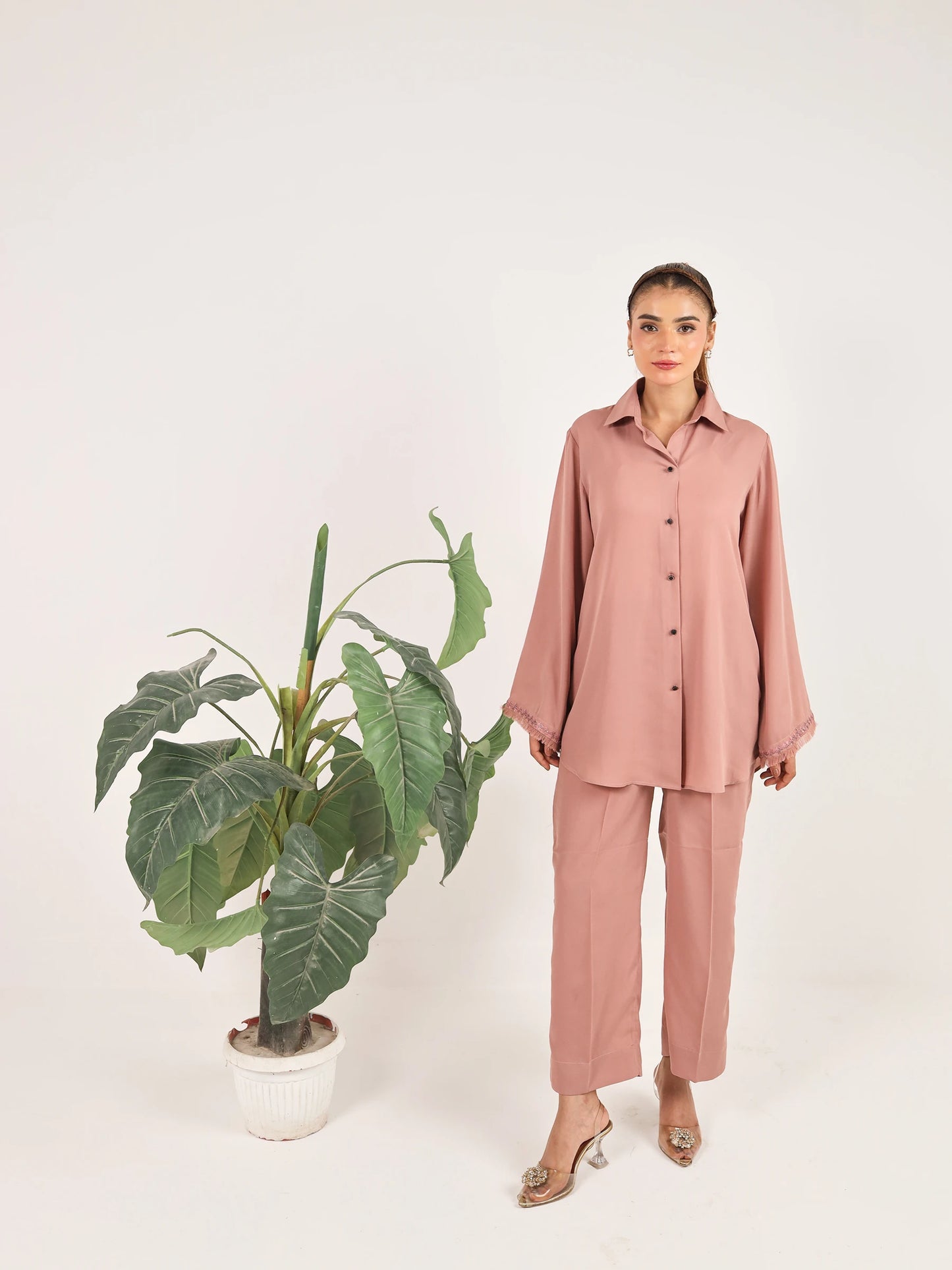 Tea Pink Crepe Embroidered Co-Ord Set