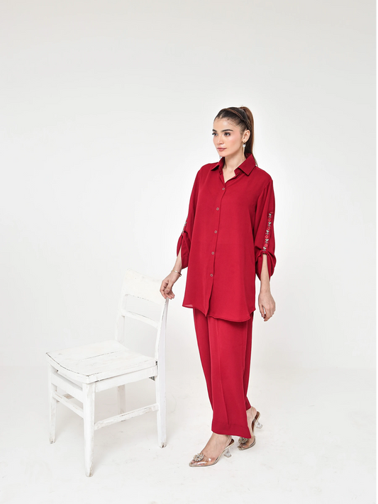 Solid Red Crepe Embroidered Co-Ord Set