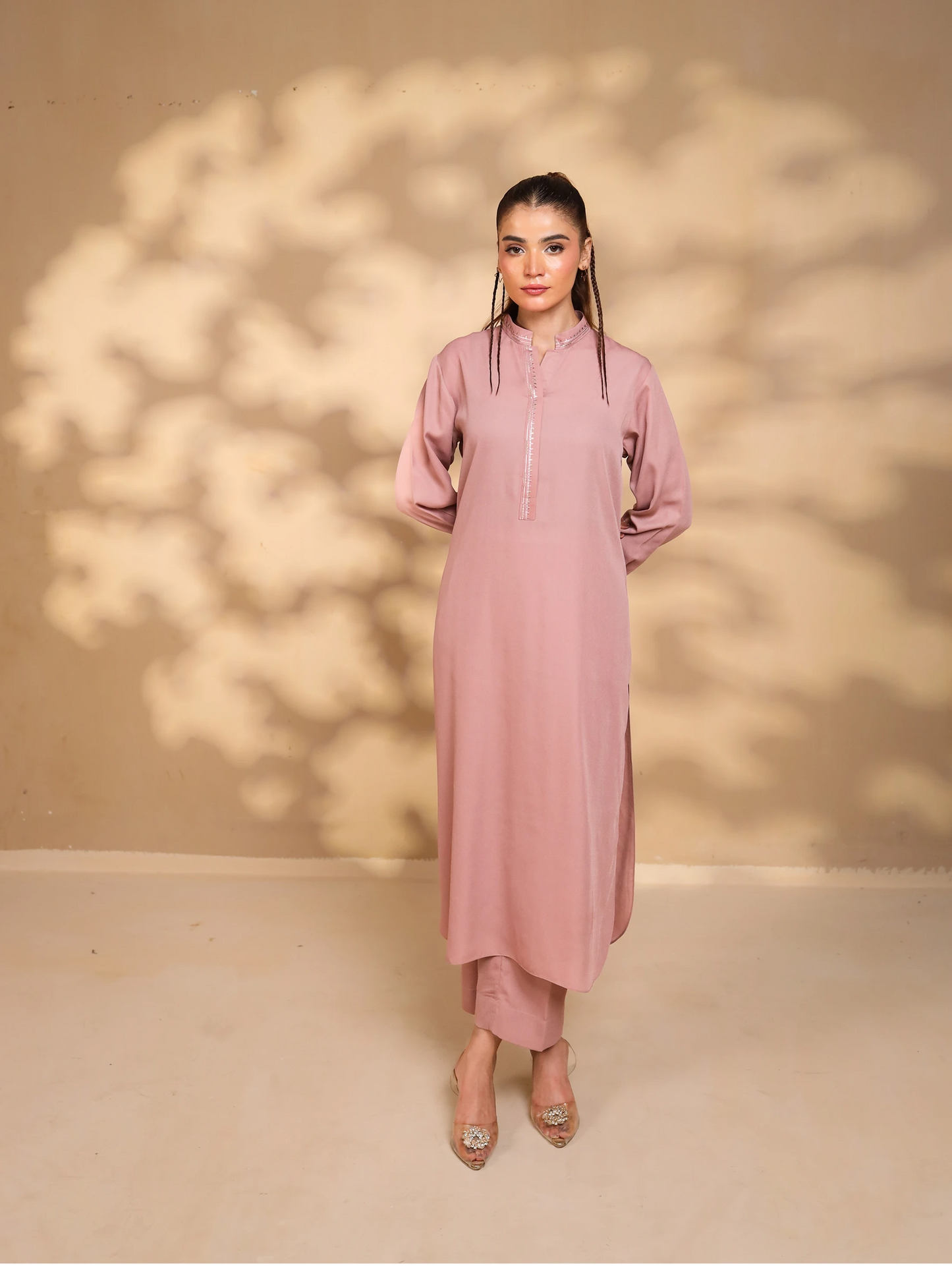 Tea Pink Embroidered Crepe Suit