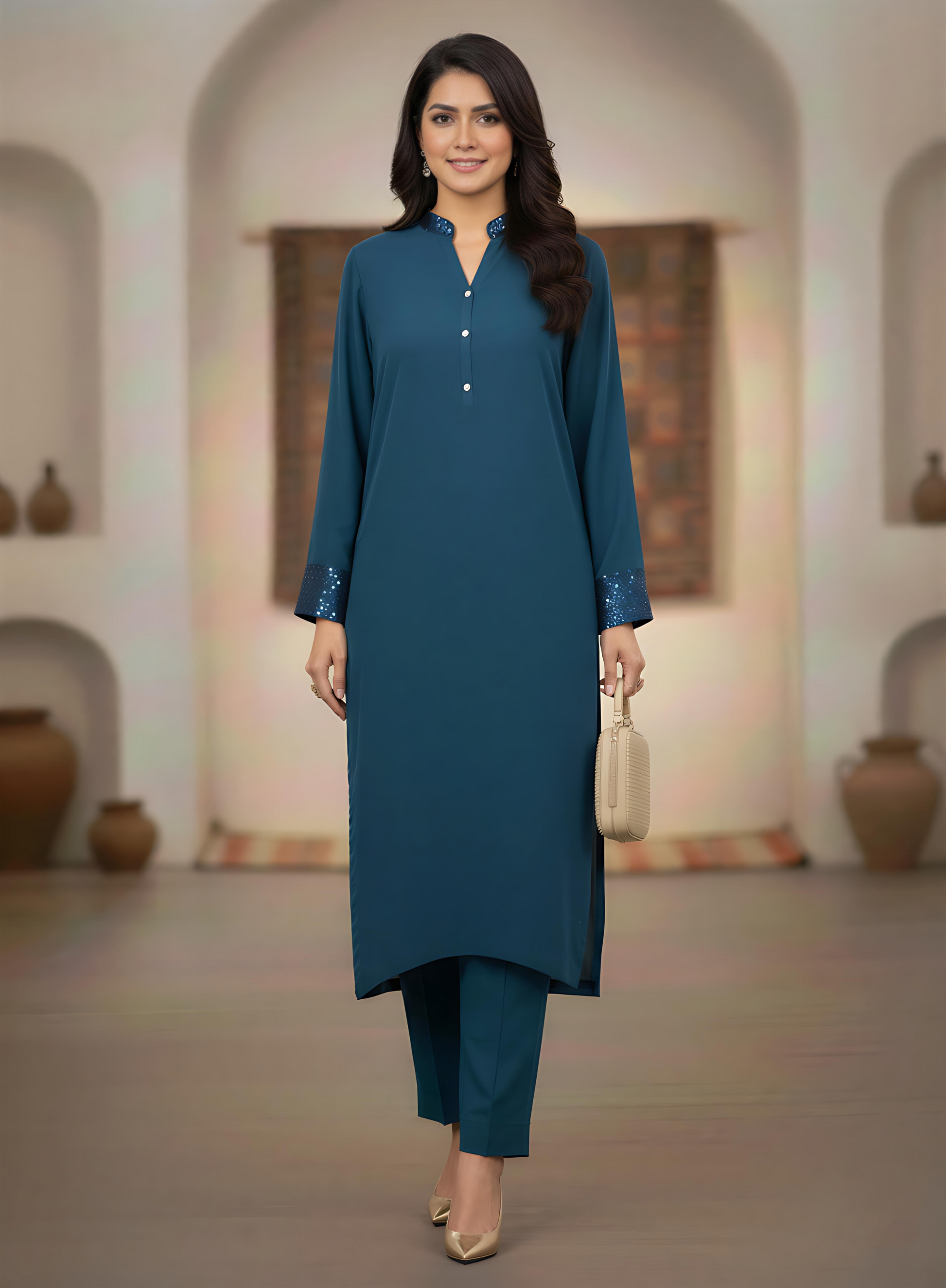 Woman wearing a blue kurta with pants in an indoor setting