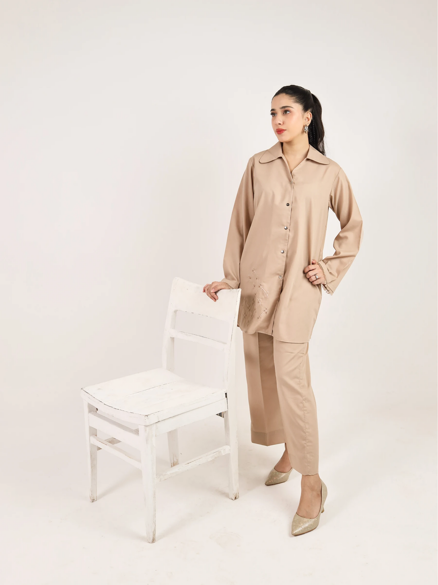 Beige Embroidered Co-Ord Set