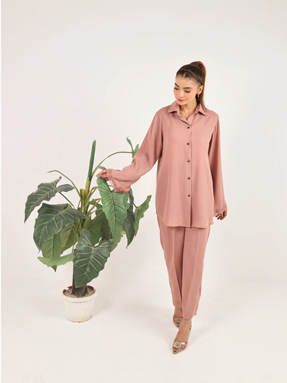 Tea Pink Crepe Embroidered Co-Ord Set