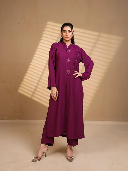 Purple Crepe Embroidered Dress