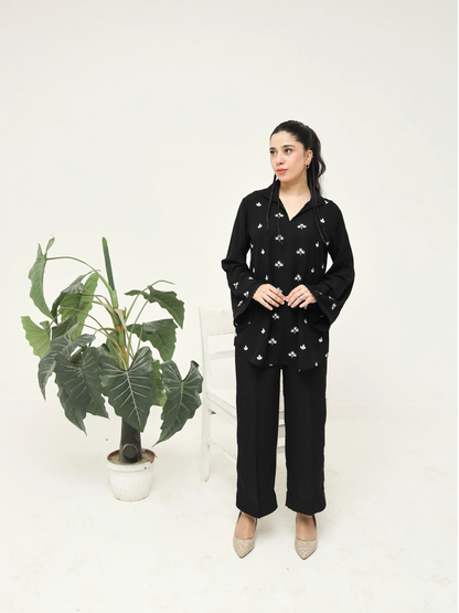 Black Crepe Embroidered Co-Ord Set