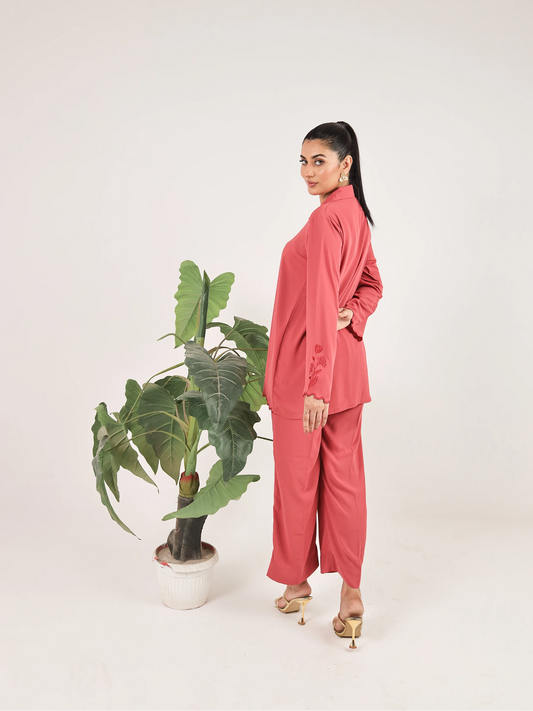 Salmon Pink Crepe Embroidered Co-Ord Set