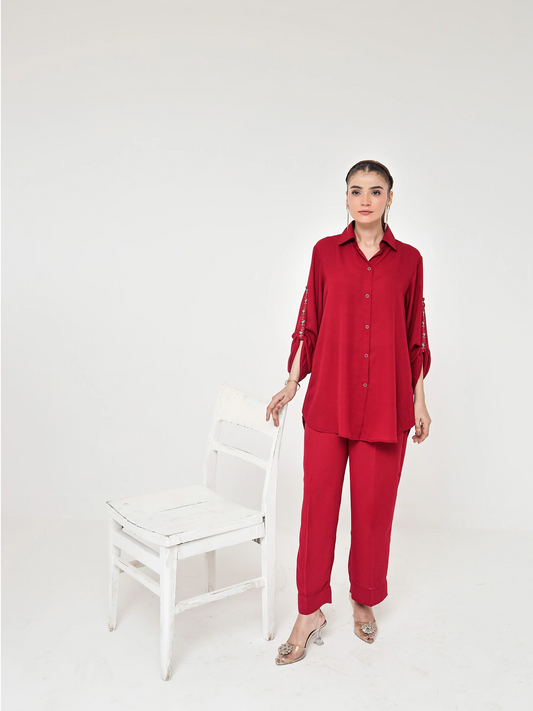 Solid Red Crepe Embroidered Co-Ord Set