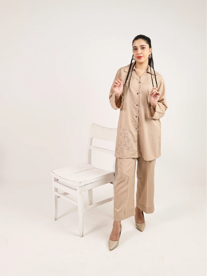 Beige Embroidered Co-Ord Set