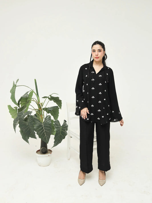 Black Crepe Embroidered Co-Ord Set