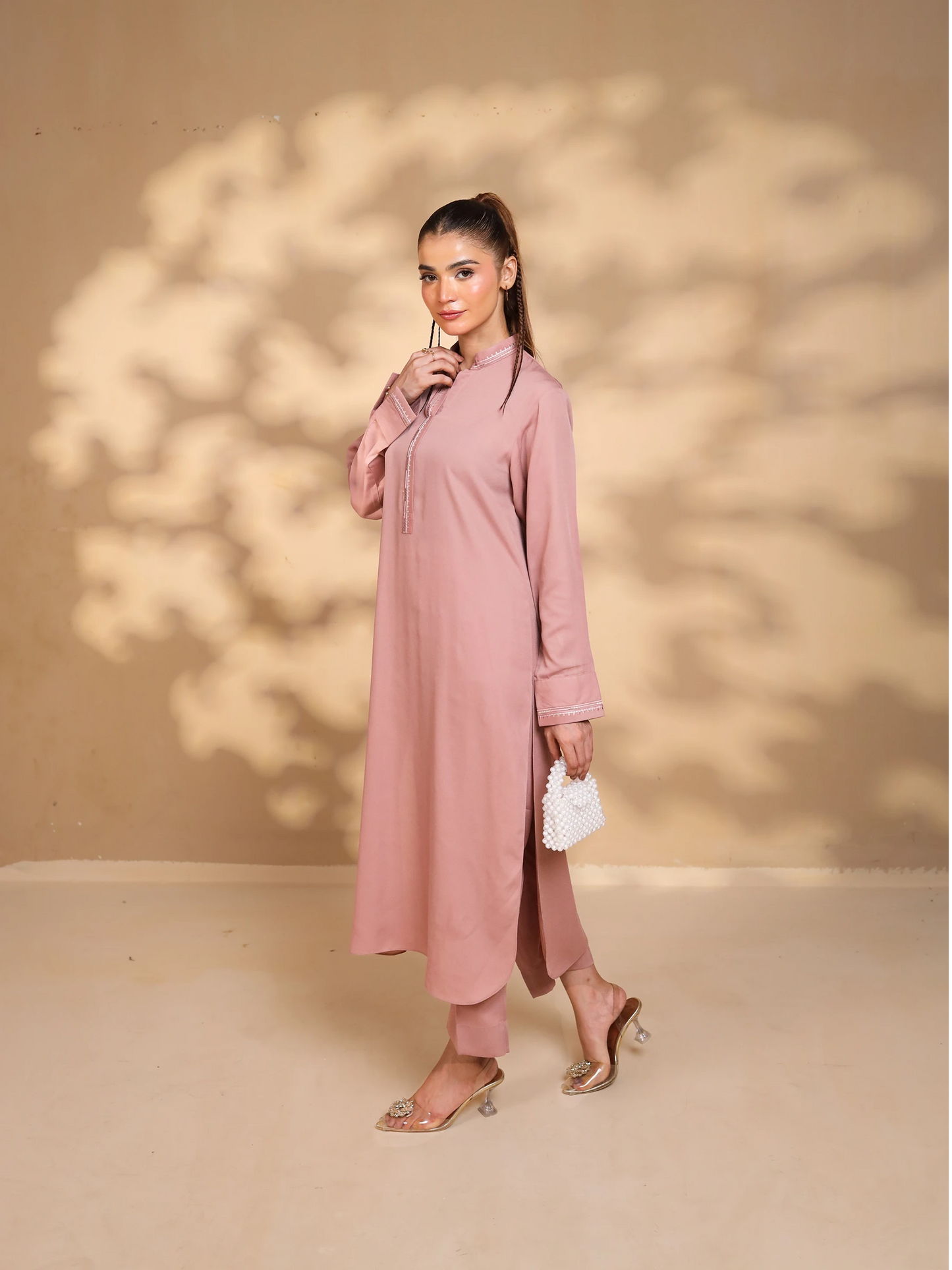 Tea Pink Embroidered Crepe Suit