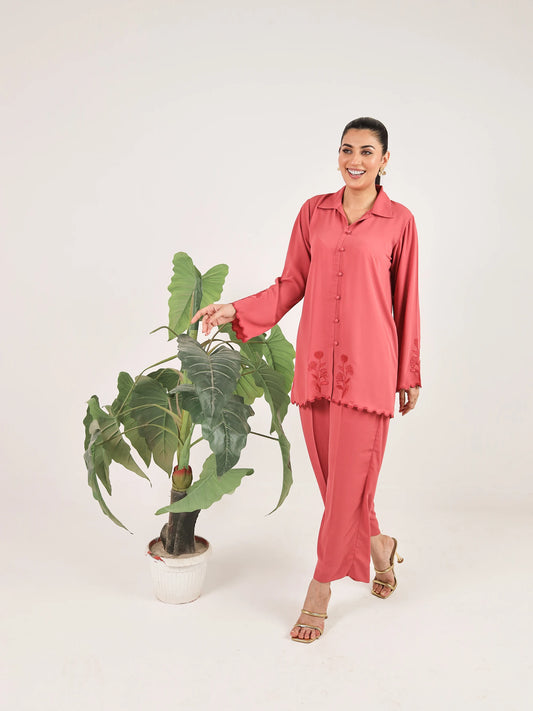 Salmon Pink Crepe Embroidered Co-Ord Set