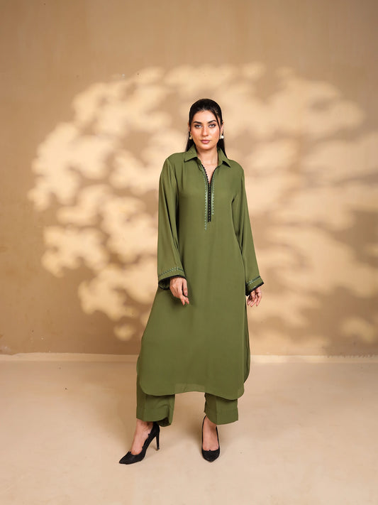 Olive Green Embroidered Crepe Dress