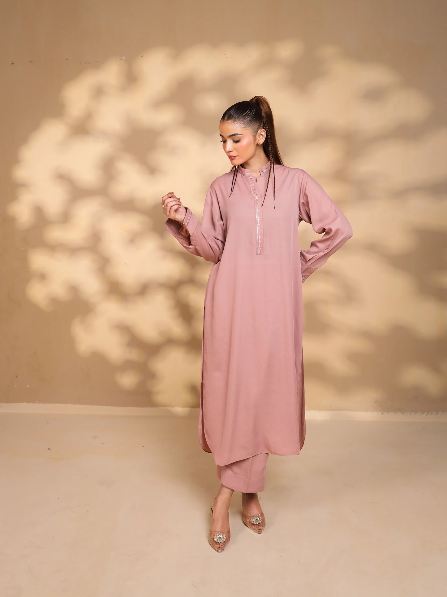 Tea Pink Embroidered Crepe Suit