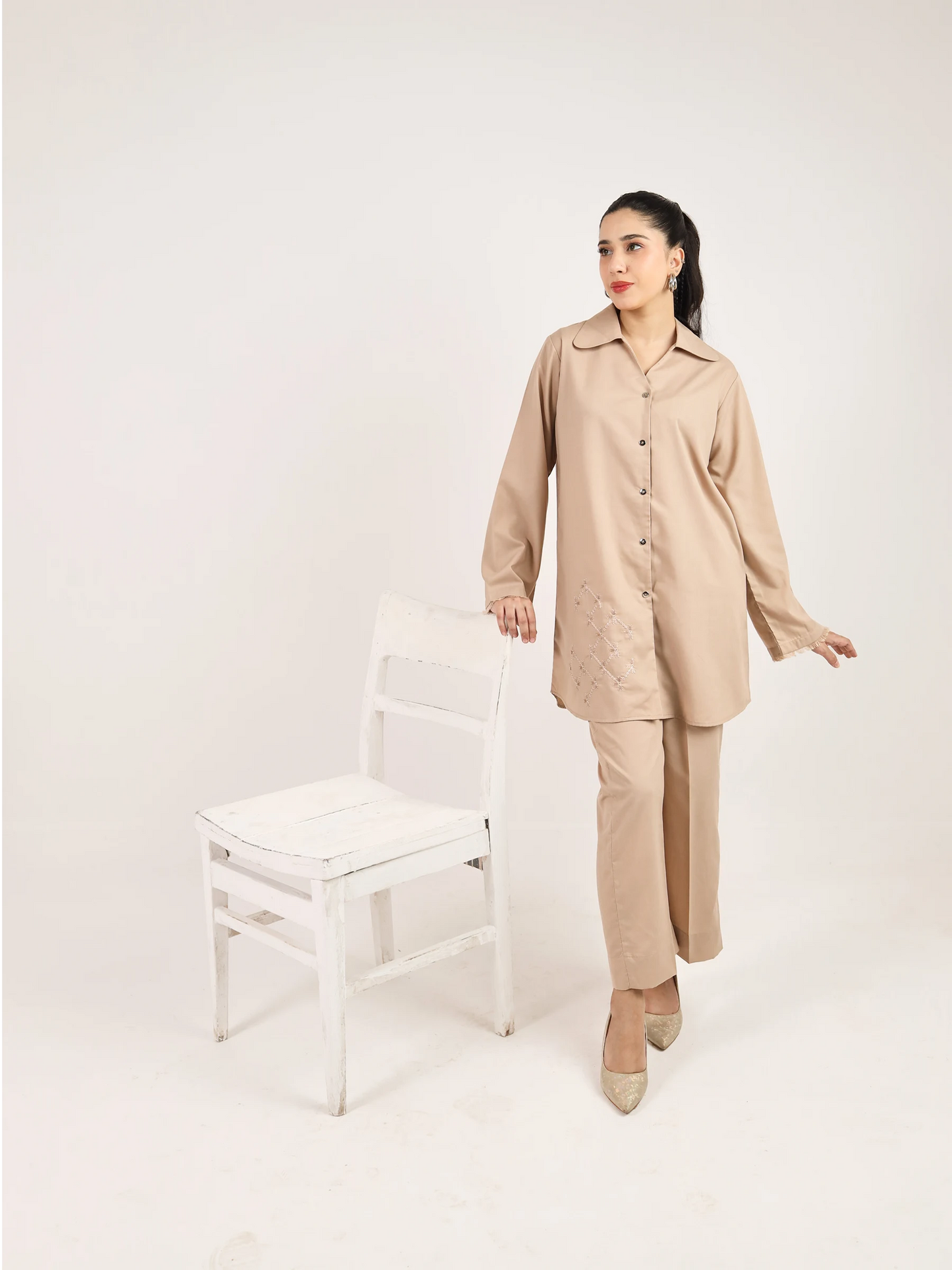 Beige Embroidered Co-Ord Set