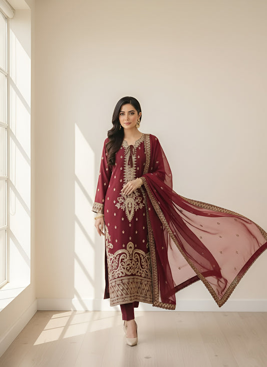 3 Piece - Maroon Raw Silk Suit