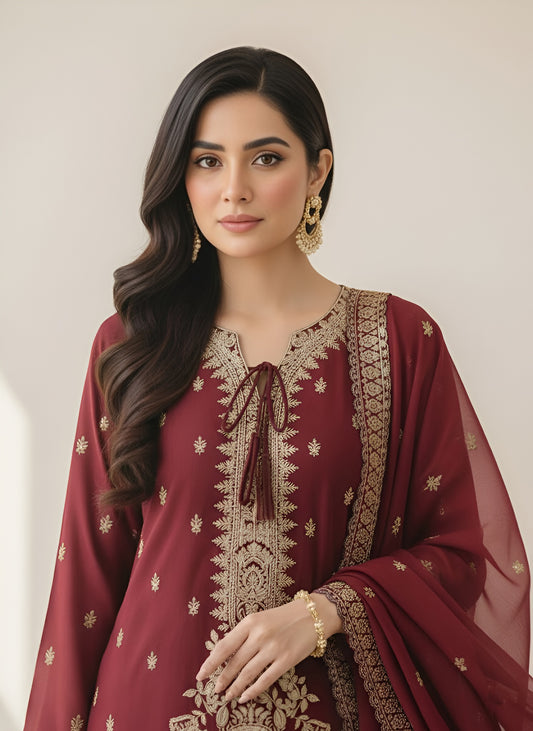 3 Piece - Maroon Raw Silk Suit