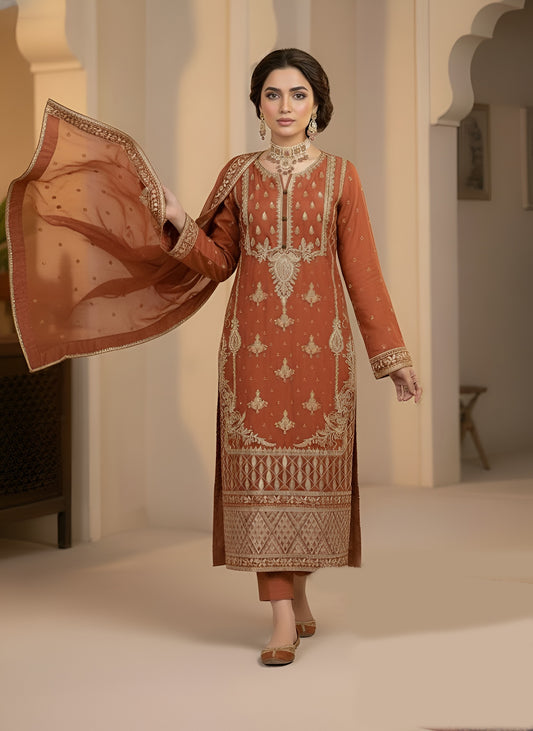3 Piece - Rust Raw Silk Suit