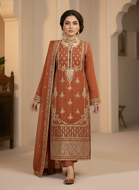 3 Piece - Rust Raw Silk Suit