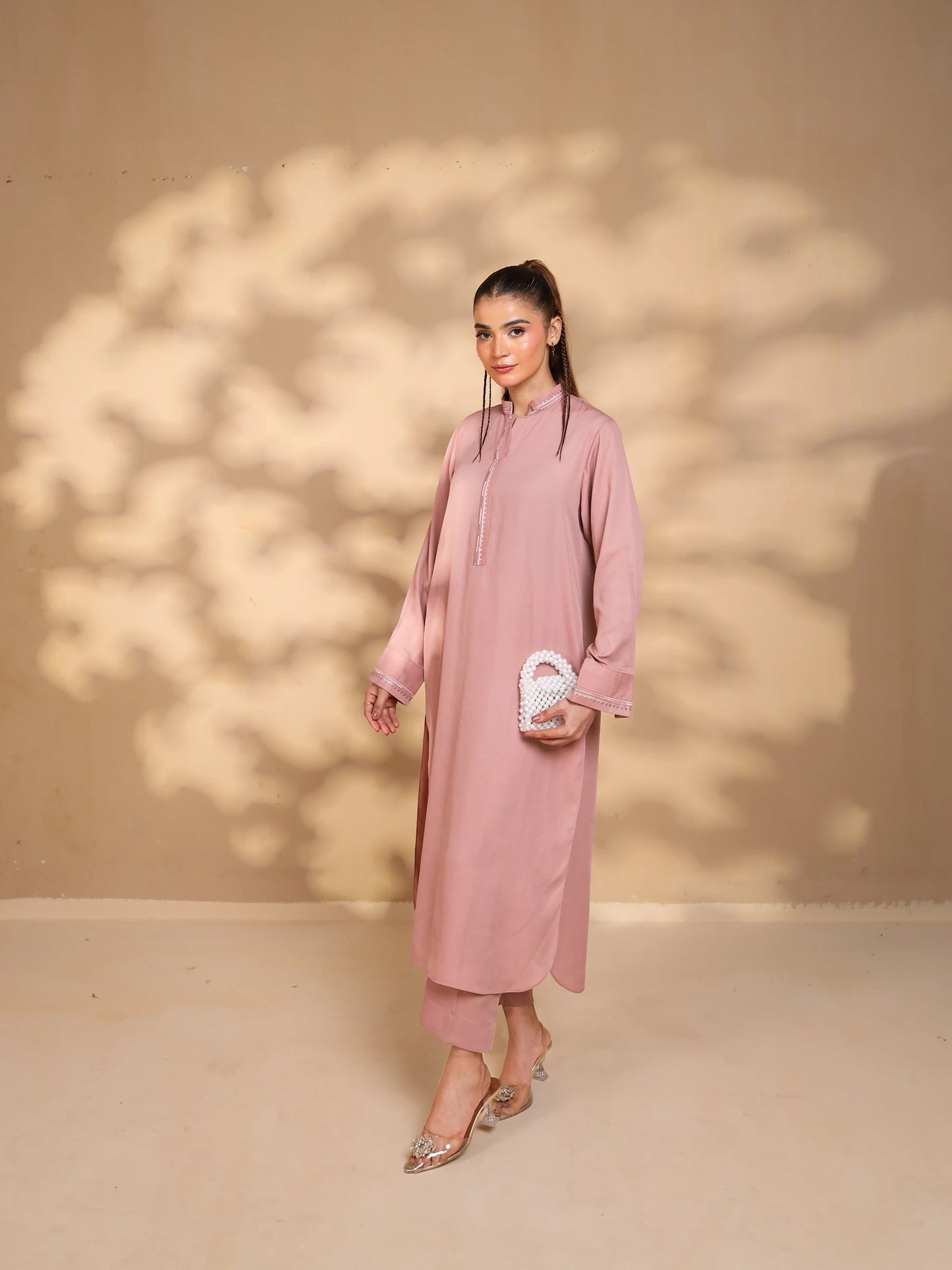 Tea Pink Embroidered Crepe Suit