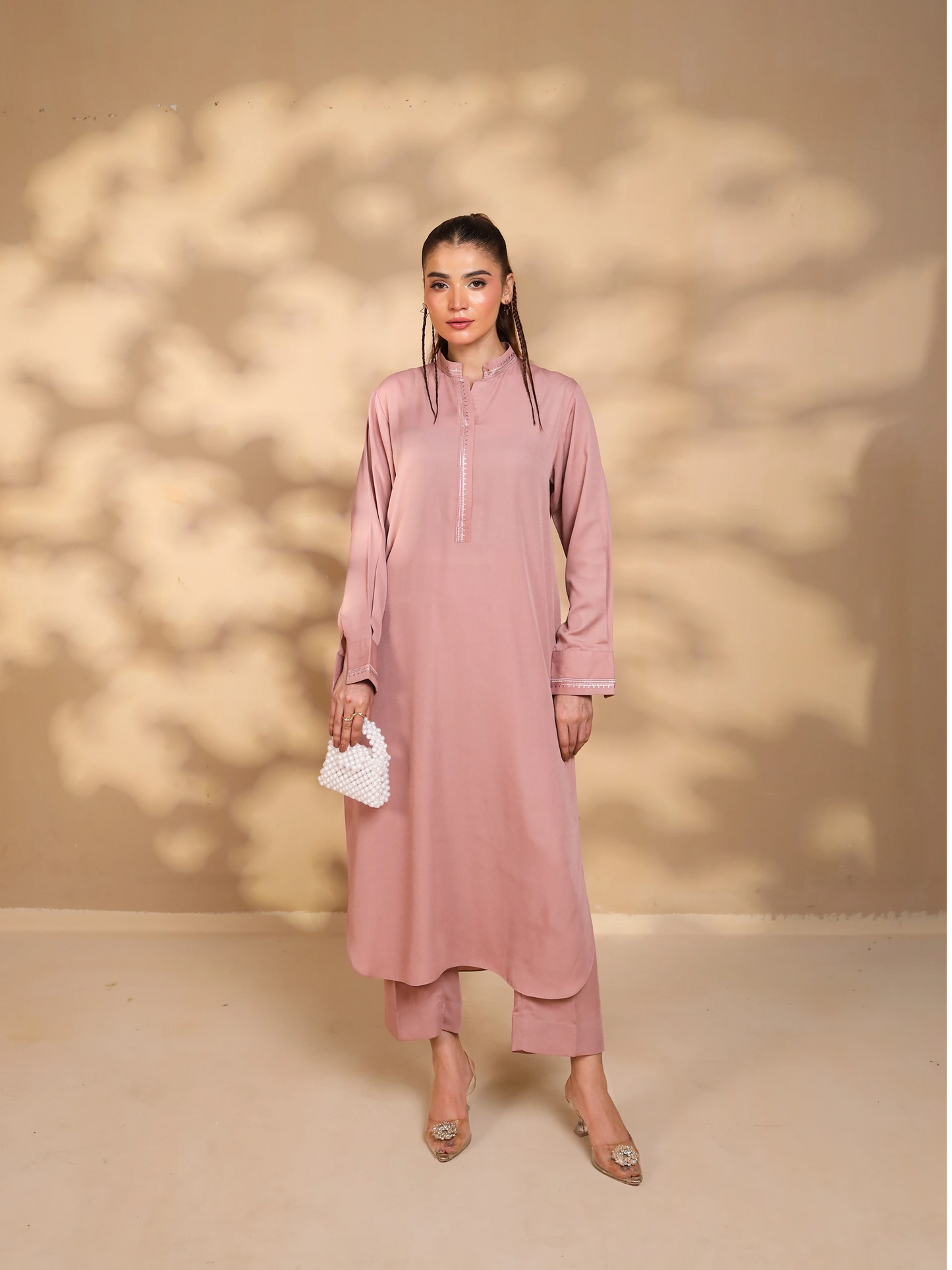 Tea Pink Embroidered Crepe Suit