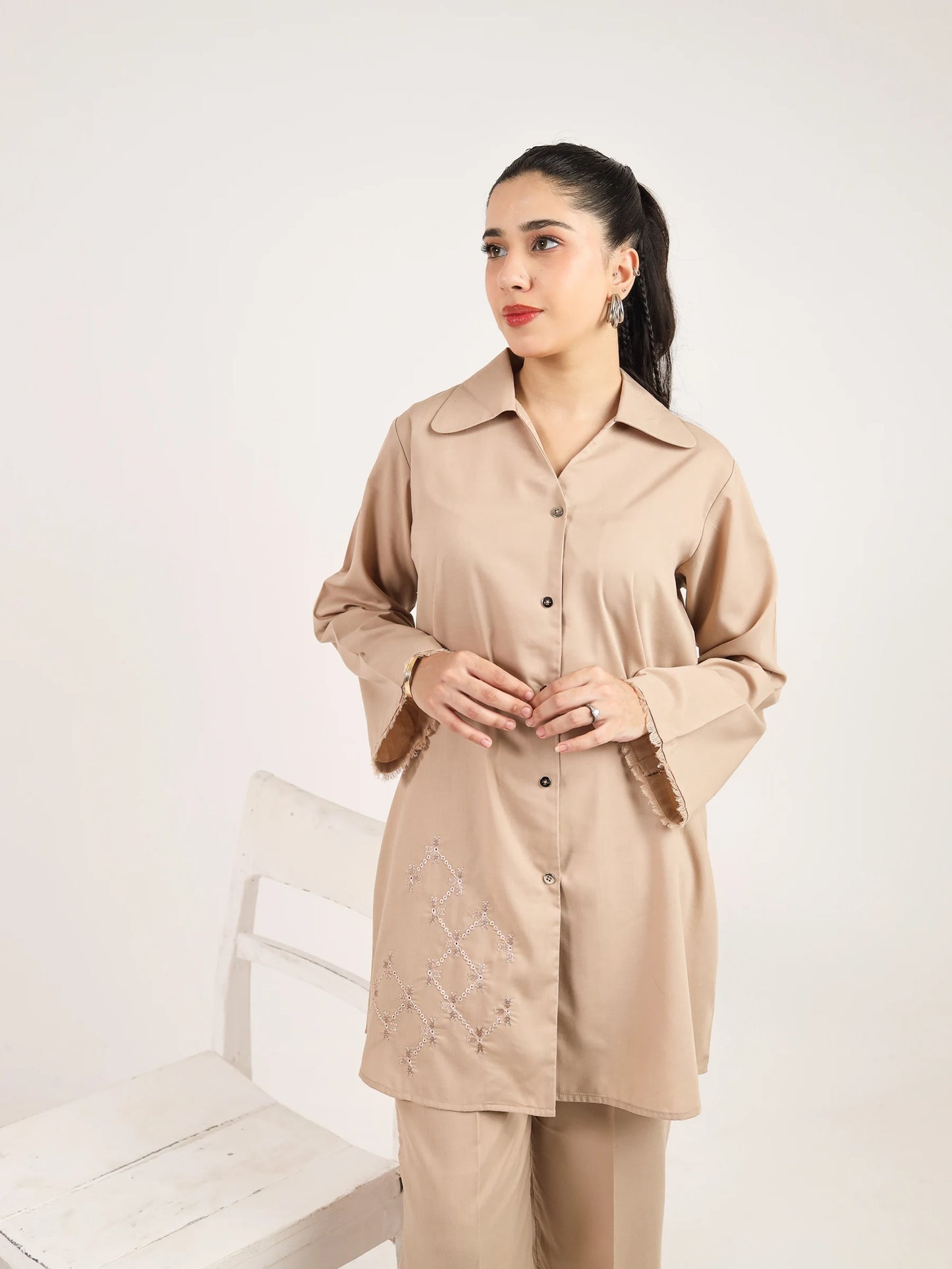 Beige Embroidered Co-Ord Set