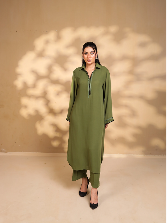 Olive Green Embroidered Crepe Dress